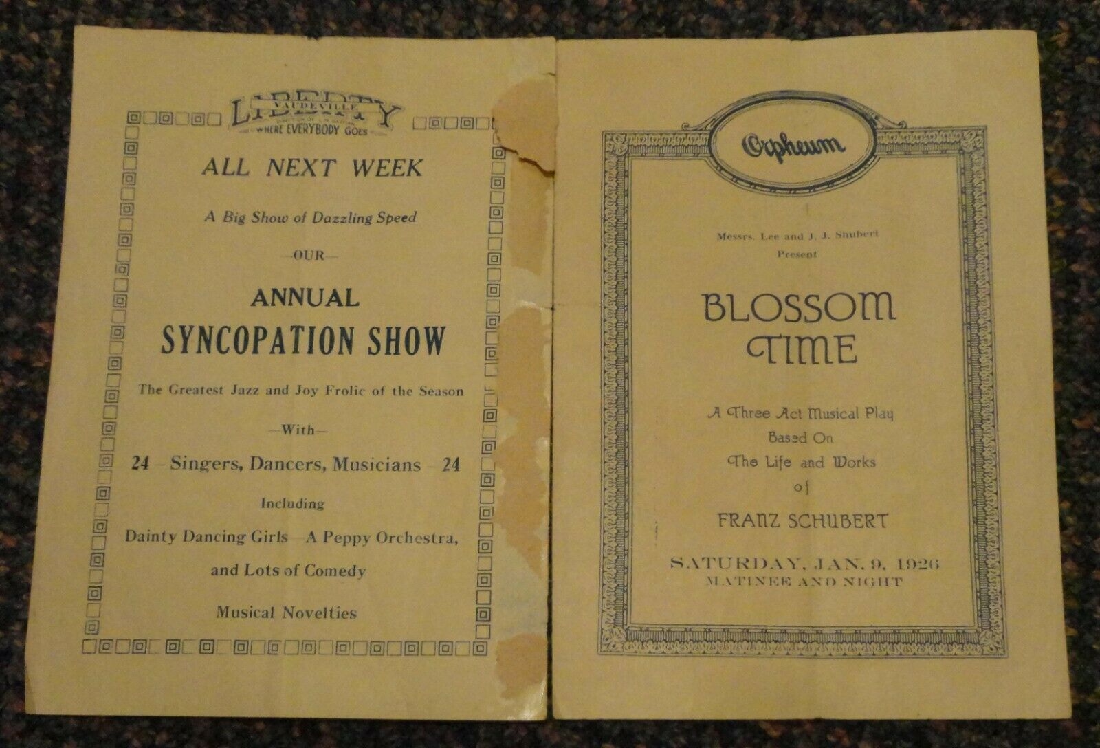 Jan 9 1926 Lincoln Nebraska Orpheum Theatre Program - Blossom Time