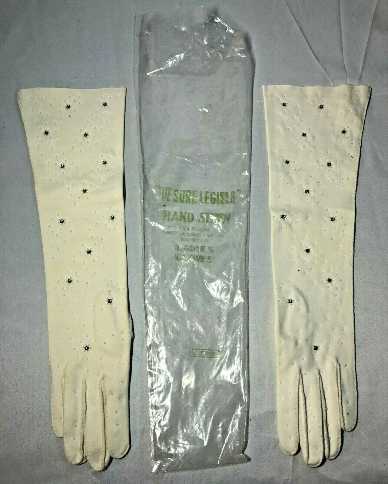 Vintage Womens White Beaded English British Hand Sewn Gloves Gimbels Size 6 1/2
