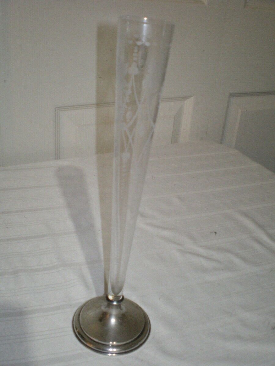 Antique Hawkes Cut Engraved Glass Vase Footed Sterling Silver Base 11.25” Tall!