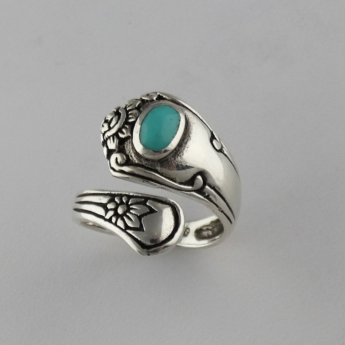 Flower Spoon Ring - 925 Sterling Silver - Turquoise Adjustable Sizes 6-9 New