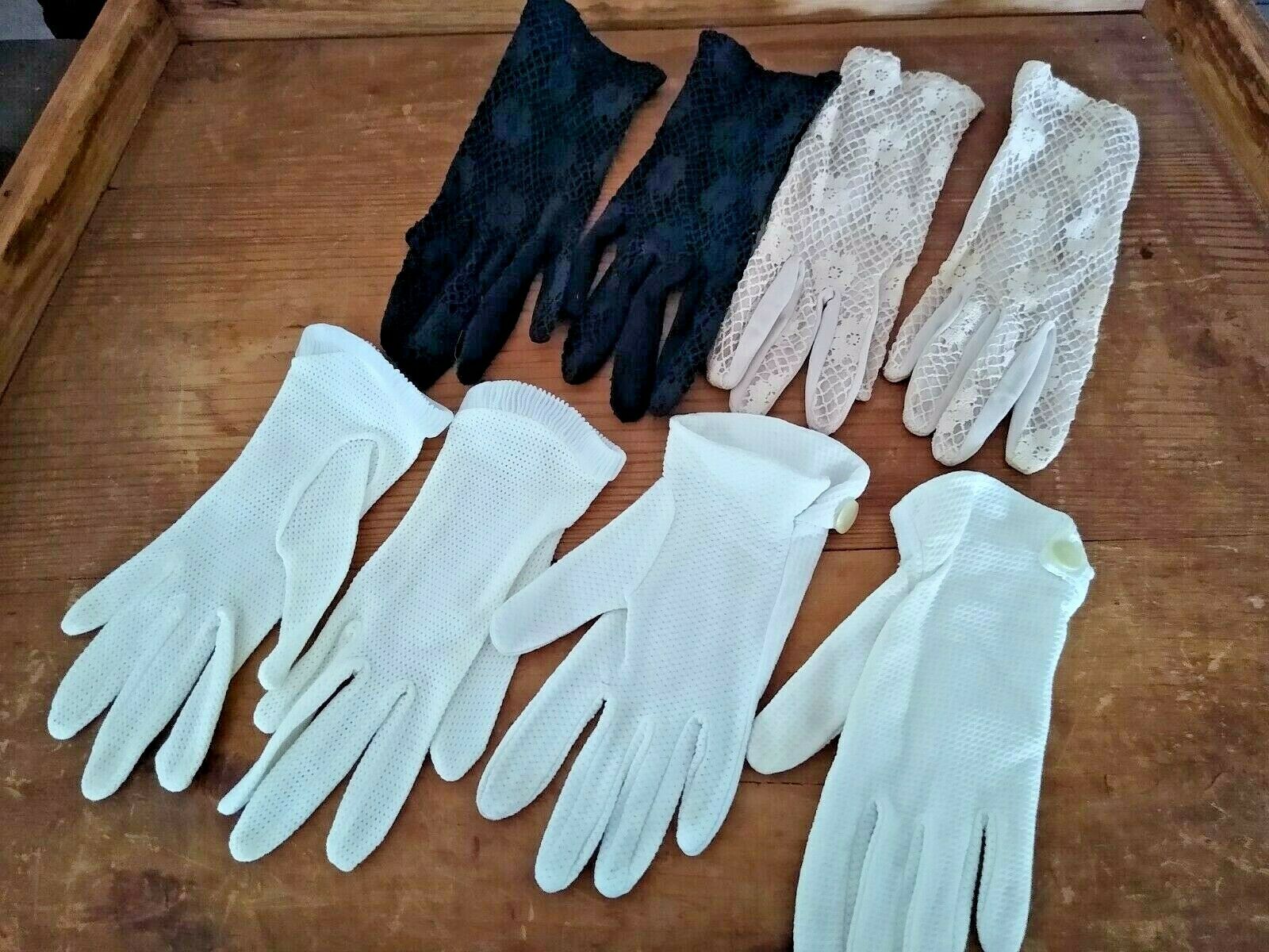 Lot Of 4 Pair Vintage Ladies Gloves,beige,white & Black  Mesh