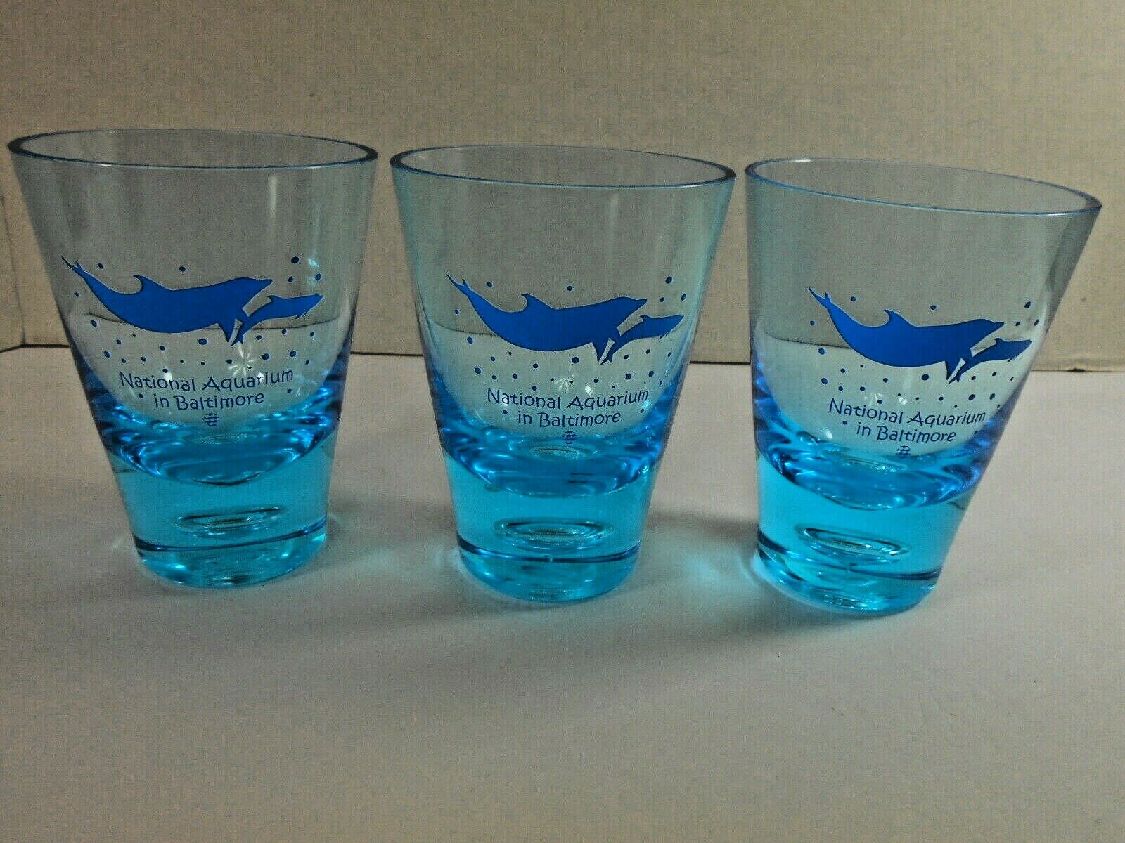 3 Baltimore National Aquarium Glasses Souvenir Dolphins Heavy Plastic Guc