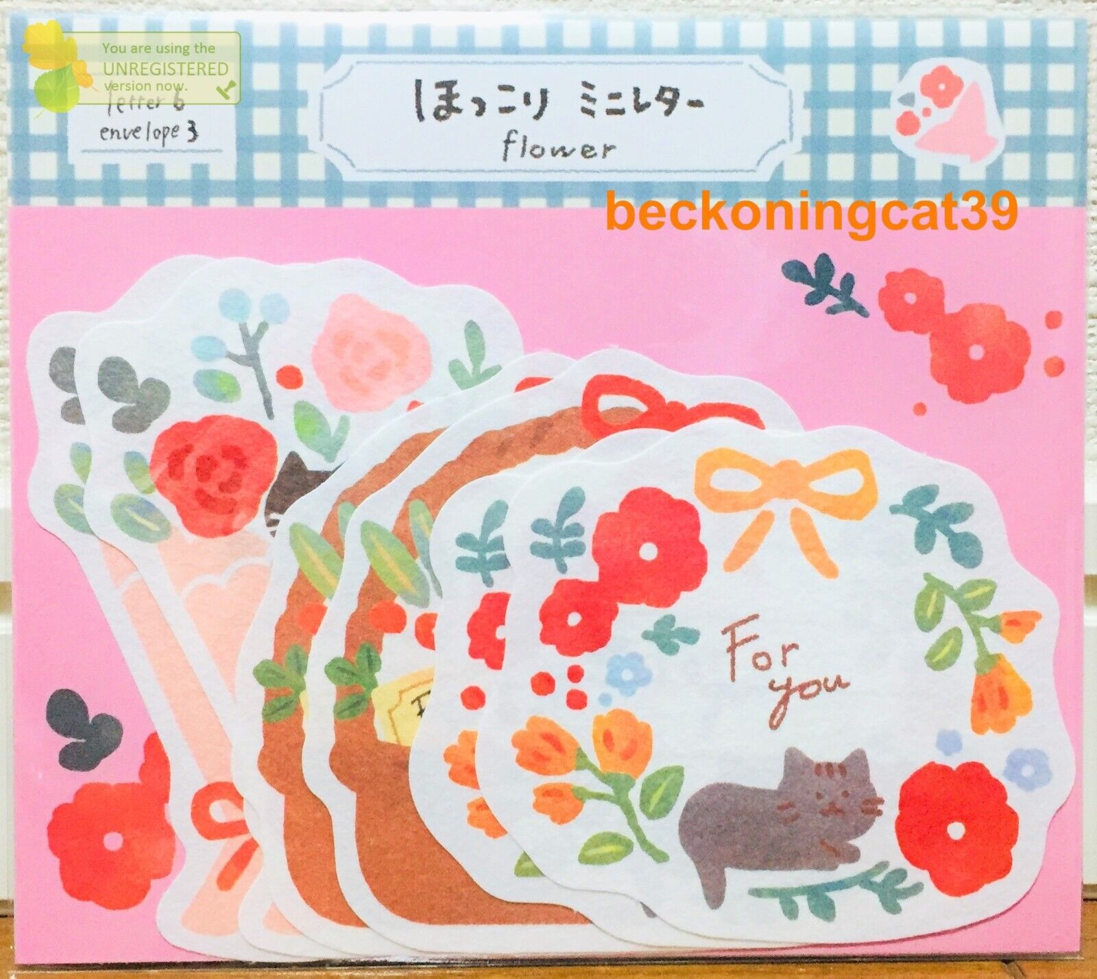 Furukawa Animal Die Cut Mini Letter 6 & Envelope 3 Set Cat Flower Made In Japan