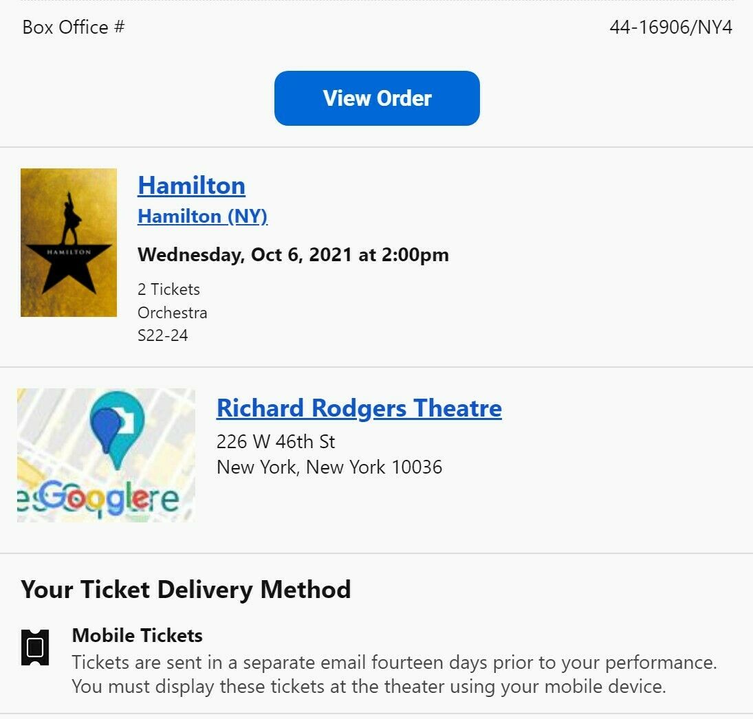 2 Hamilton Tickets New York october 6th 2021 2pm