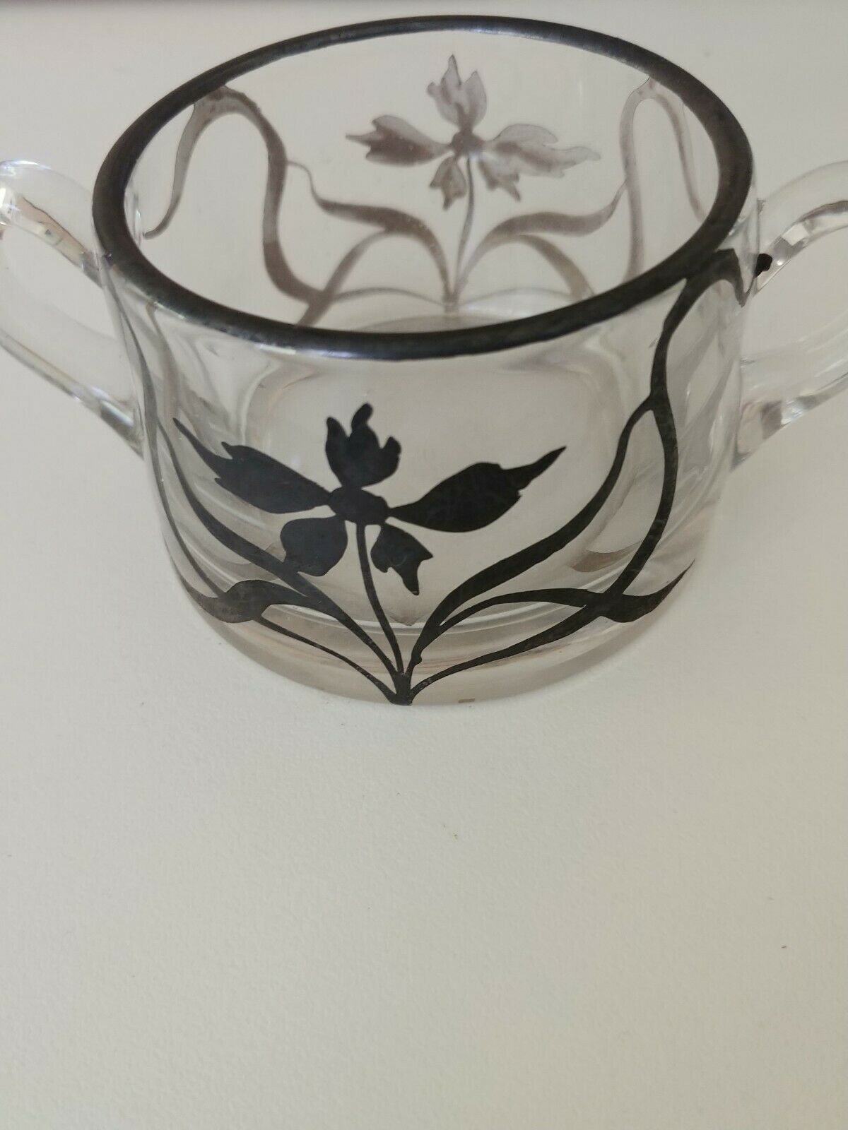 Vintage Silver Overlay On Glass Small Bowl/sugar Bowl Floral Motif (m)