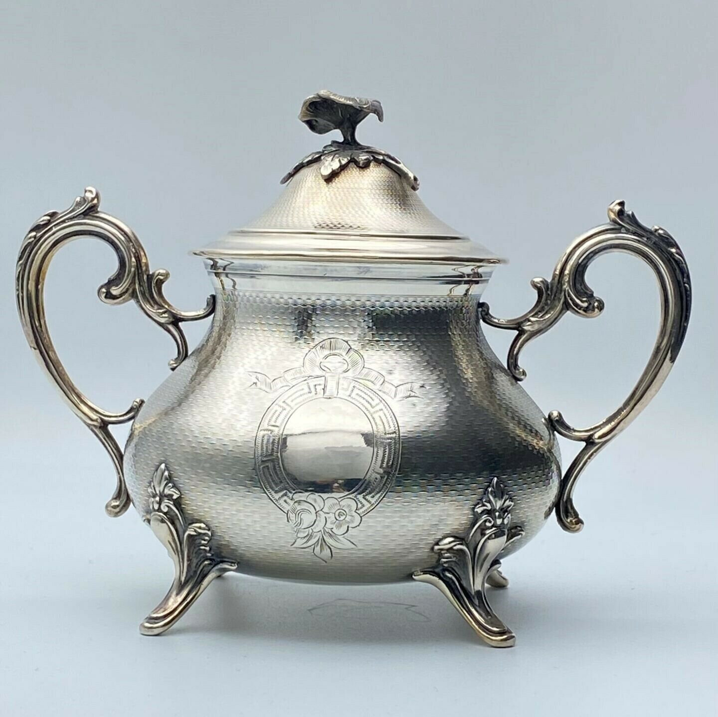 Antique French Sterling Silver 6.7" Sugar Casket Lidded Sugar Bowl Guilloche