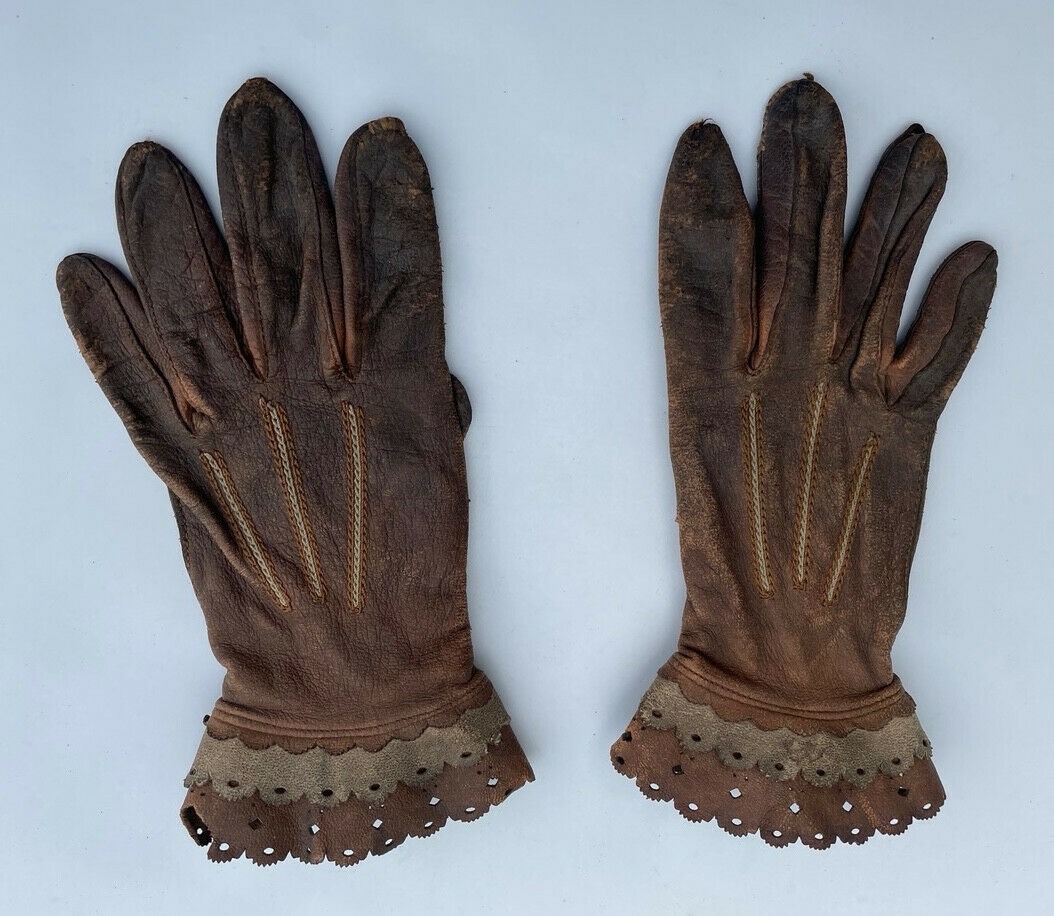 Vintage Girls Dark Brown Leather Gloves 3 Rows Scallop Trim Decorative Snaps