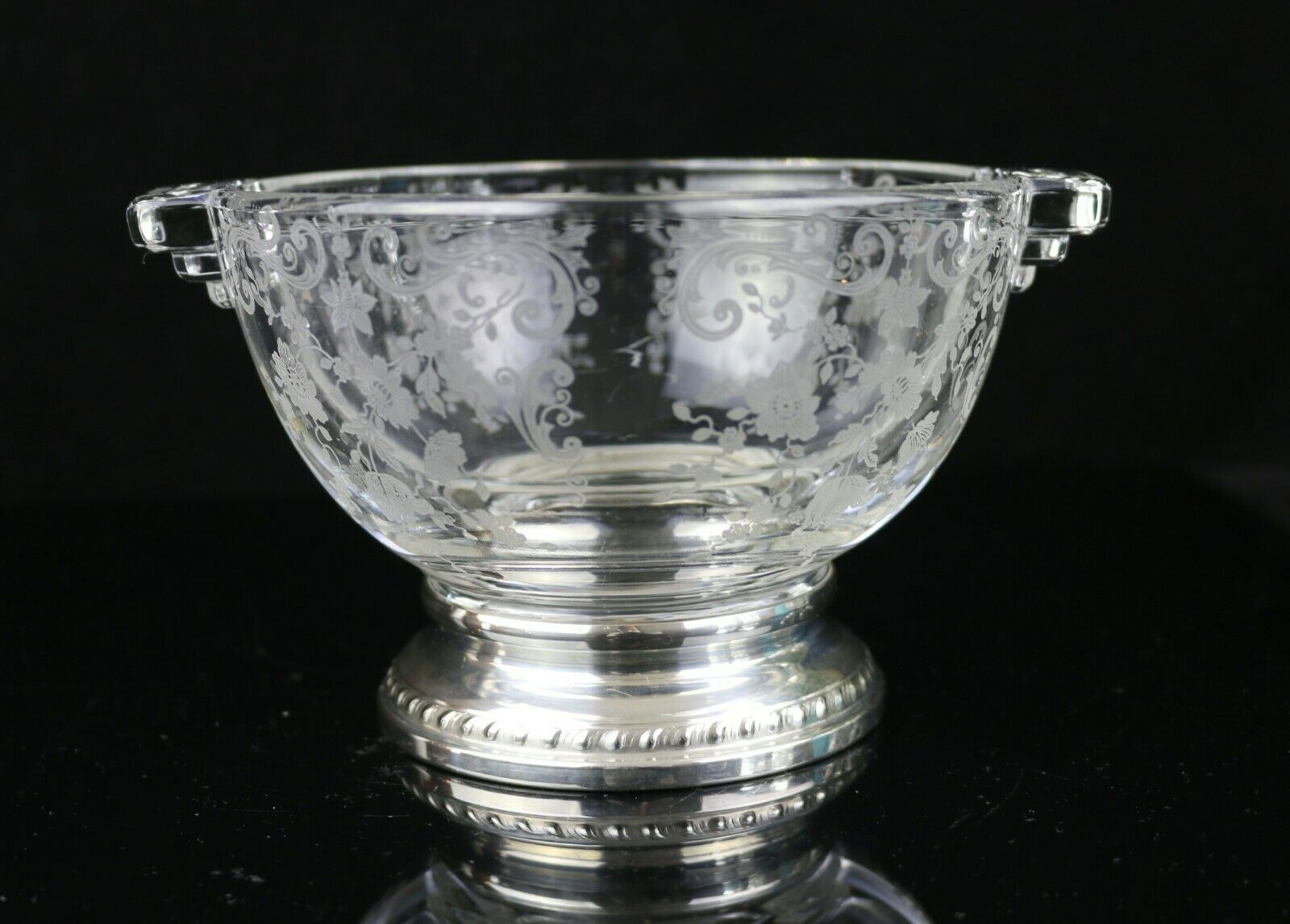 Vintage Cambridge Chantilly Flower Divied Bowl W/ Sheffield Sterling Silver Base