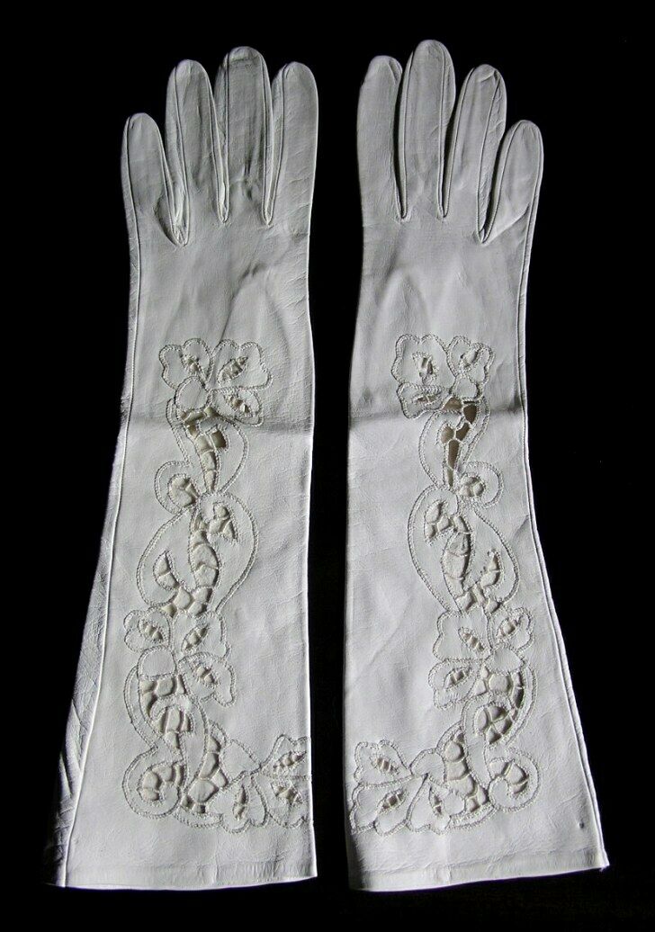 Vintage Hansen Ladies Long White Leather Evening Gloves Embroidered & Cutwork Sm