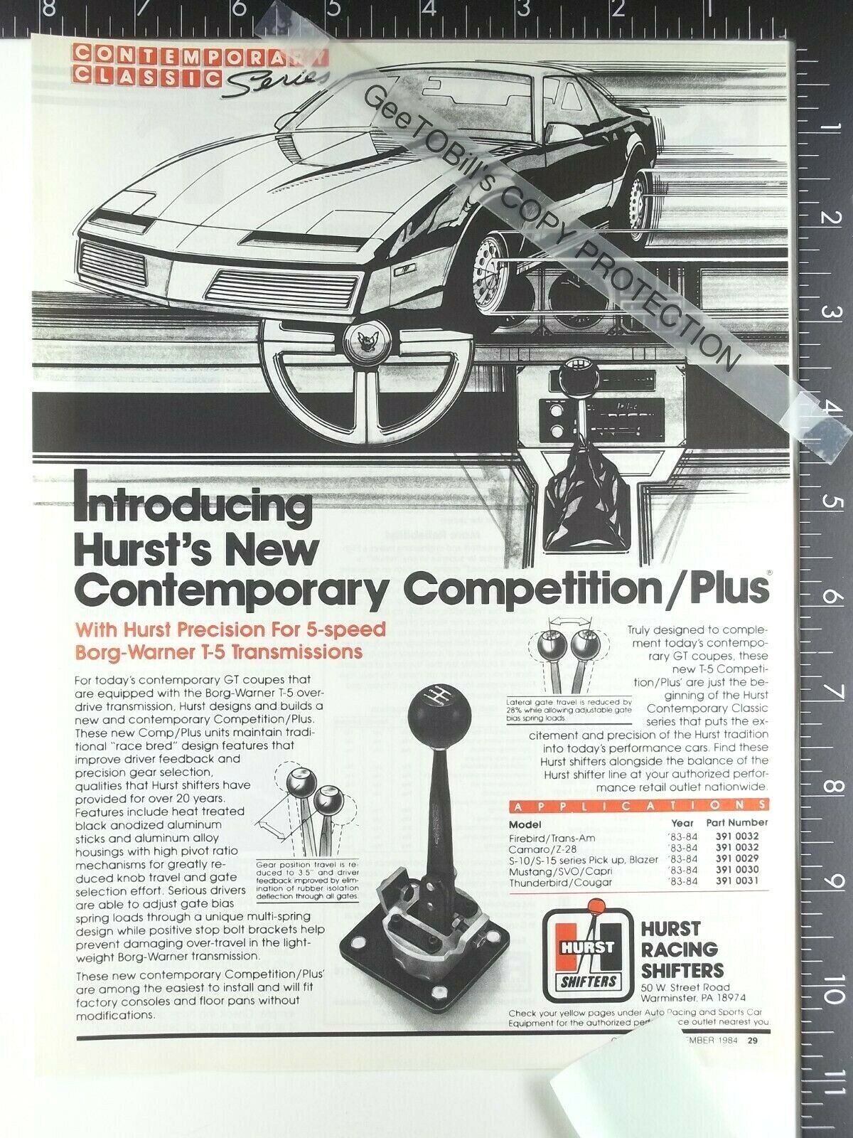 1984 Ad For Hurst Competition Plus 5-speed Shifter For Pontiac Firebird Trans-am
